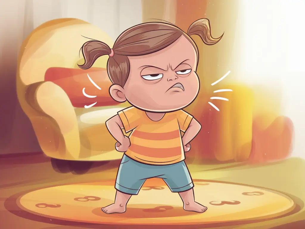 Child pouting with hands on hips, an example of non-verbal communication in behavior.